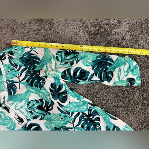 Coral Bay green teal white Monstera leaf print linen blend 3/4 sleeve blouse L - Picture 16 of 17